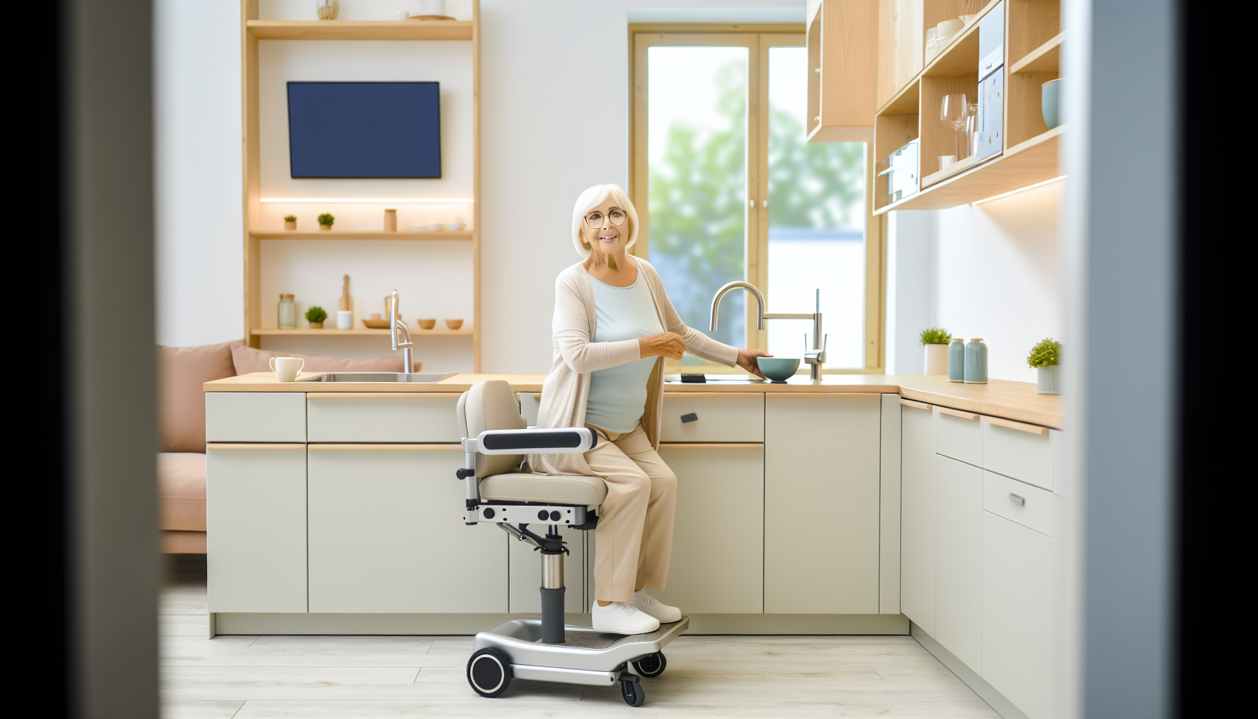 Older woman with short white hair and glasses sits on a mobility scooter at a bright, modern kitchen island, holding a bowl near the sink.